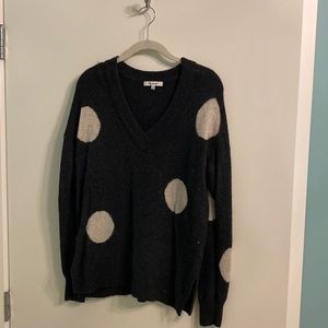 Madewell charcoal grey sweater with large cream polka dots, merino wool/alpaca